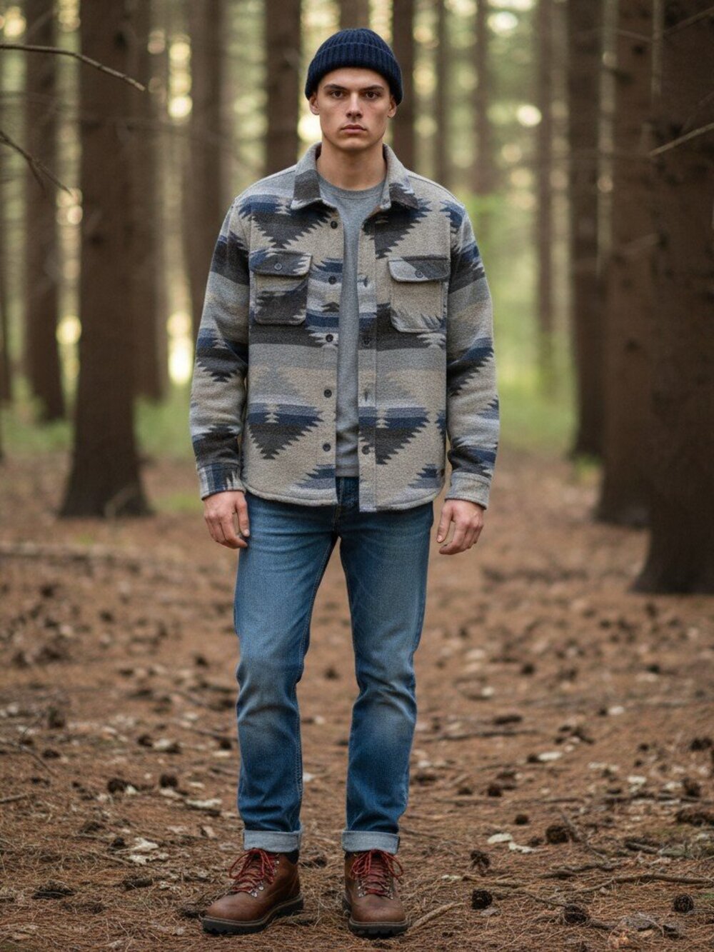 JACHS New York Southwest Aztec Shacket Men's Large Pockets Sherpa Lining Button